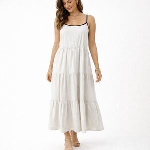 Blue Pepper Cream Contrast Tiered Dress L Boho Minimalist Sundress Cottage